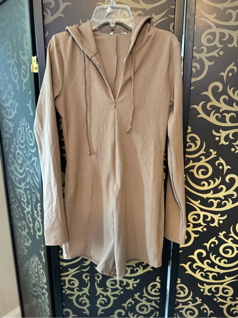 Fashion Nova Taupe Long Sleeve Hooded Romper